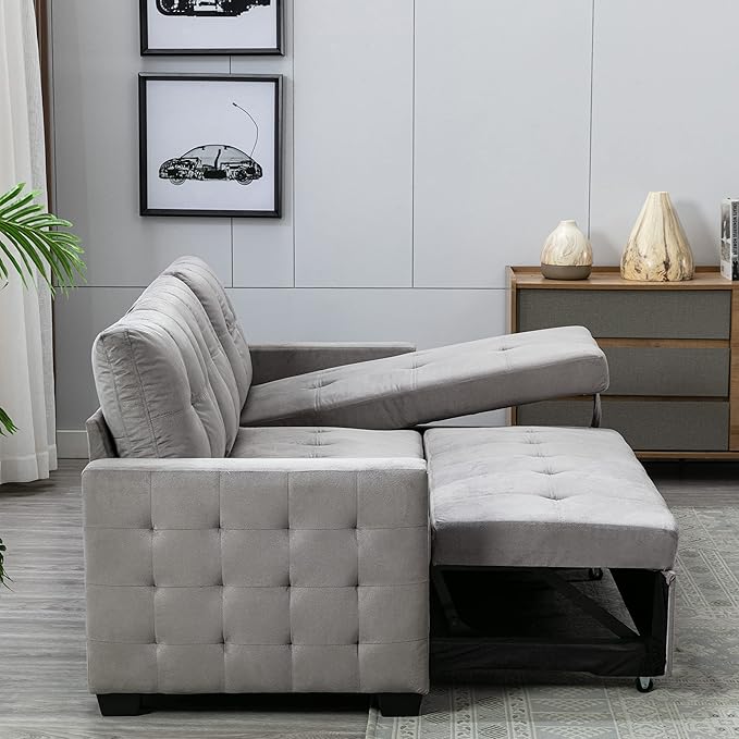 HABITRIO Sectional Sofa with Pull-Out Sleeper Bed, 76.8" Velvet Upholstered 2-Seat Solid Wood Frame Couch & Reversible Storage Chaise Lounge, Modern L-Shaped Corner Sofa for Living Room, Office