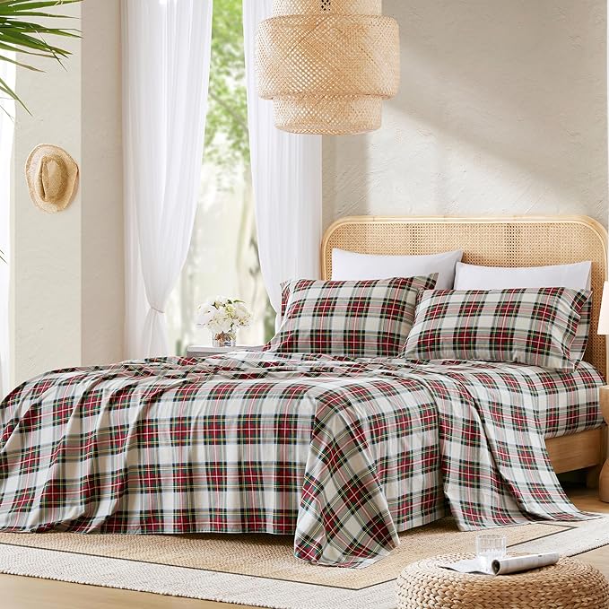 Comfort Spaces 100% Cotton Sheets Twin XL, Breathable, Naturally Cool Cotton Sheets, Cotton Bed Sheets 12" Elastic Pocket Fits up to 14" Mattress, All Seasons Sheet Set, Scottish Plaid Red 3 Piece