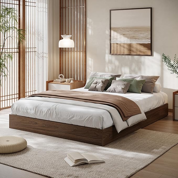 Solid Wood Platform Bed with Sturdy Wooden Slats, Full Size Floor-Standing Bed Frame, Modern Minimalist Design Space-Saving Bed Frame, No Box Spring Needed, Easy Assembly