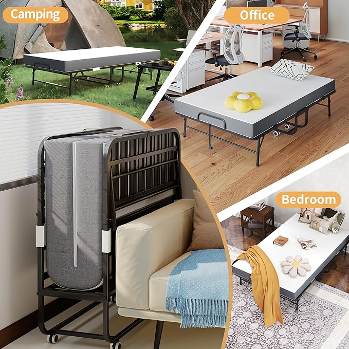 AQY Folding Bed with Mattress for Adults,75" x 46" Portable Rollaway Bed Guest on Wheels with Memory Mattress and Heavy Duty Sturdy Metal Frame,Foldable Bed for Adults,Guest, Twin Size,Cot Size