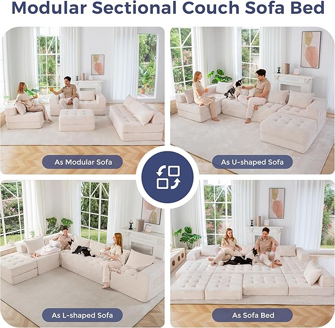 MAXYOYO Modular Sectional Sofa Couch, Foldable U Shaped Cloud Couch with Pillows, Tufted 7-Seat Boneless Sleeper Lounger Floor Sofa Bed for Living Room, No Assembly Required, Beige