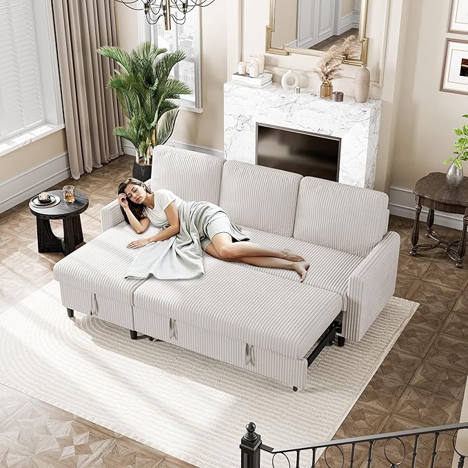 Vongrasig Pull Out Couch with Storage, 77" Sectional Sleeper Sofa, 2 in 1 L-Shaped Sofa Bed with Storage Chaise Corduroy Fabric for Living Room, Apartment, Small Space, White