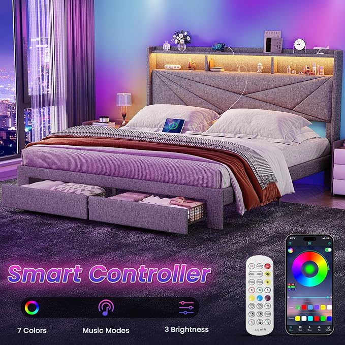 Driftalia Queen Bed Frame with 2-Tier Storage Headboard, Upholstered Bed Frame Queen Size with 2 Drawers, Charging Station and LED Lights, No Box Spring Needed, Easy Assembly - Light Grey