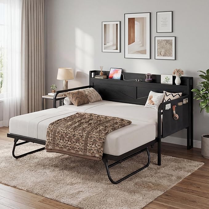 LIKIMIO Twin Daybed, Day Beds with Pop Up Trundle, Storage Headboard with Charging Station, Strong Supports for Apartment and Other Small Space, Black