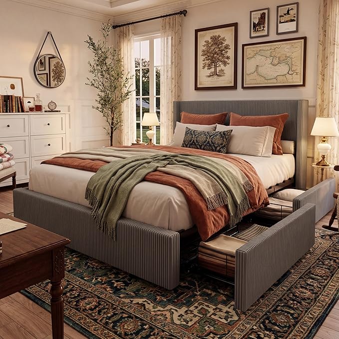 Garvee Bed Frame King Size with 4 Storage Drawer, Bed Frame with Headboard and Corduroy Vertical Channel Tufted Wingback, Sturdy Wooden Slats Support, Noise Free, Grey
