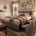 Garvee Bed Frame King Size with 4 Storage Drawer, Bed Frame with Headboard and Corduroy Vertical Channel Tufted Wingback, Sturdy Wooden Slats Support, Noise Free, Grey