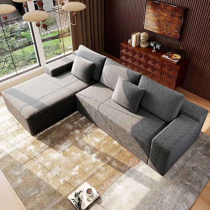 Boneless Modular Sectional Sofa, Cloud Couch with Left Facing Chaise, Oversized Deep Seat, L-Shaped, Soft Corduroy Fabric, Sectional Couch for Living Room -Grey