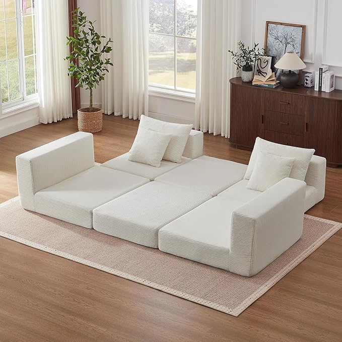 Modular Loveseat L Shaped Sofa,Boneless Cloud Couch with Ottoman (Beige White) | Freely Combination, No Assemble Required, Modular Design, Breathable Fabric, Convertible to Bed, Futon Bed