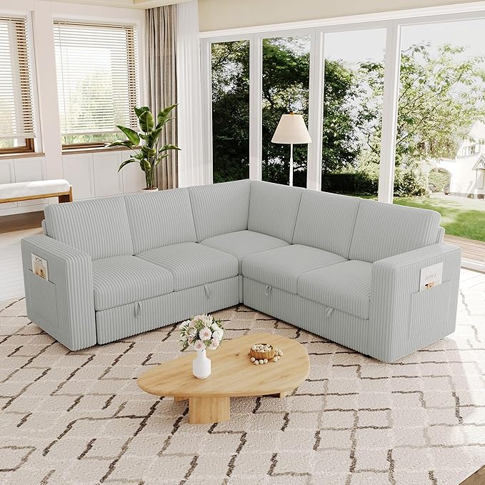 83.5" Sectional Sleeper Sofa with Pull Out Couch, Modern 5 Seat L Shaped Modular Couch, Sectionals Modular Sofa with Storage, Comfy Corduroy Couches Sectional for Living Room, Light Gray