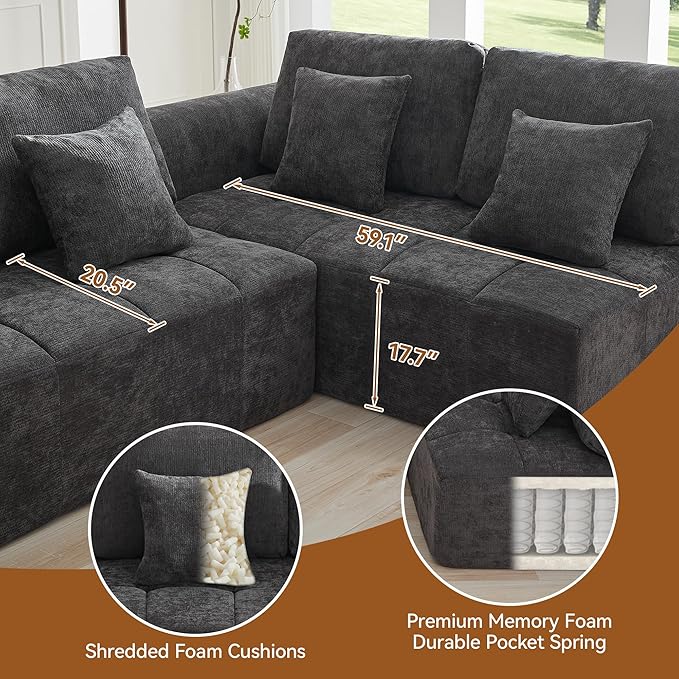 140''Modular Sectional Couches for Living Room, Cloud Boneless Compressed Sectional Sofa, Oversized U Shaped 8 Seater Upholstered Memory Foam Sofa, No Assembly, Chenille Grey