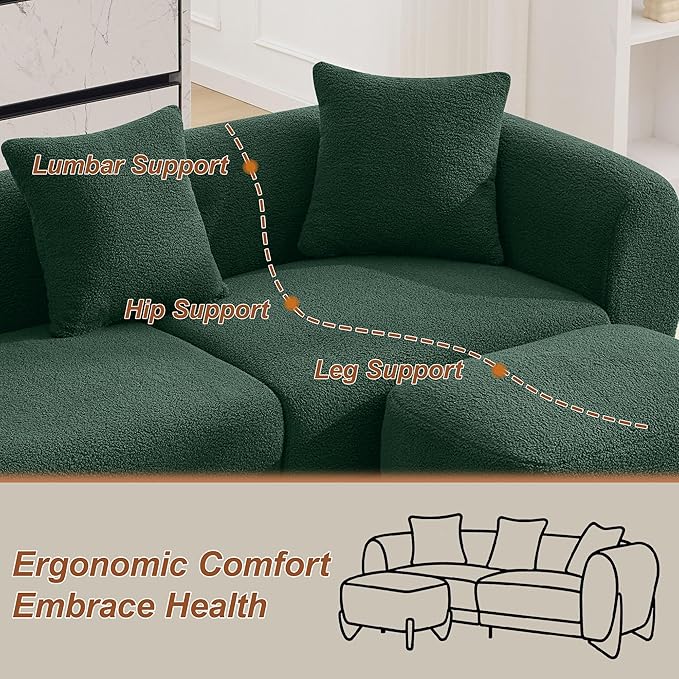 87" Sherpa Boucle Cloud Couch with Ottoman, Modern 3 Seater Sofa with Solid Wood Legs 25" Extra Deep Seat Comfy Thick Cushion Upholstered Sofa Couches with 3 Pillows for Living Room, Green