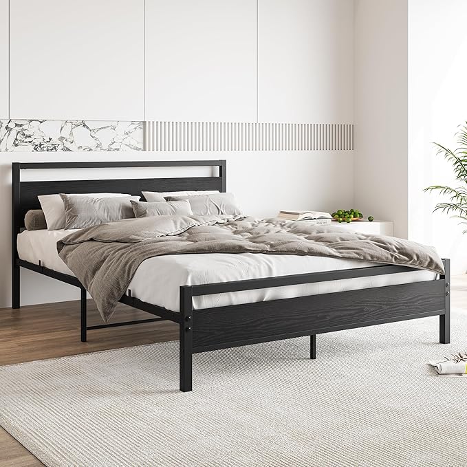 BOFENG Black Queen Size Bed Frames with Wood Headboard,Heavy Duty Metal Platform Bed Frame with Storage No Box Spring Needed,Strong Steel Slats Support,Noise Free