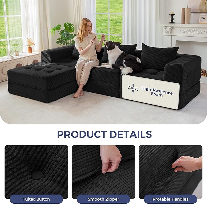 MAXYOYO Modular Sectional Sofa Couch, Foldable L-Shaped Folding Sofa Bed with Ottoman, Convertible Sectional Couch Corded Tufted Floor Sofa Lounger with Pillows for Living Room, No Assembly, Black
