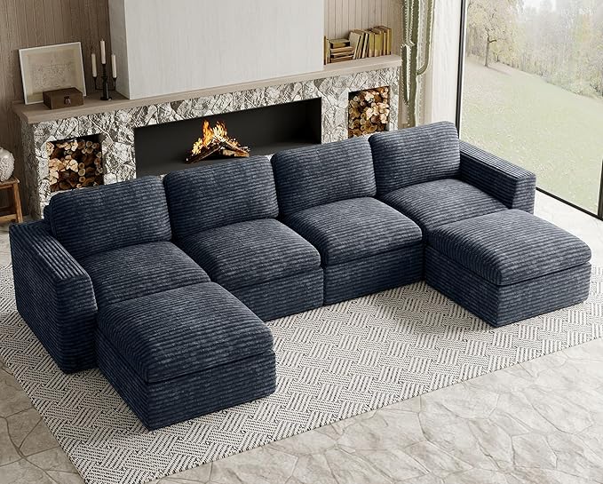 Belffin Boneless Cloud Modular Sectional Sofa with Deep Seat Plush Corduroy U Shaped Cloud Sectional Couches for Living Room No Assembly Required. Grey Couch