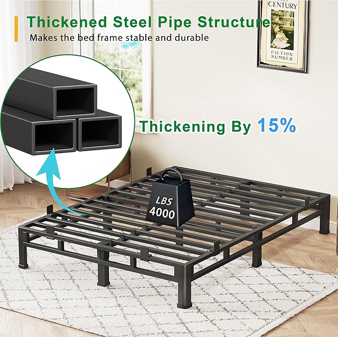 ROIL 7 Inch Queen Bed Frame, Metal Bed Frame & Box Spring 2 in 1 Platform with Round Corner Legs, 4000LBS Double Layer Low Profile Metal Platform Mattress Baffles, Noise-Free Easy Assembly