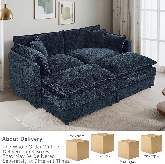Setawix Deep Loveseat Couch with Ottomans,Large 2 Seater Lounger Cloud Couches for Living Room,77.16" Chenille Cloud Sofas with Deep Seat,Modular Sectional Sleeper Sofa for Bedroom (Blue, 2+2)
