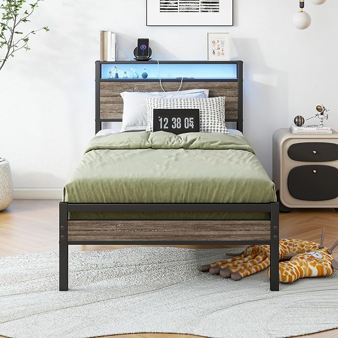 BOFENG Twin Bed Frame with Wood Headboard and USB Charging Station,Heavy Duty Metal Platform Single LED Bed Frame Twin Size with Storage No Box Spring Needed,Strong Steel Slats,Noise Free,Rustic Grey