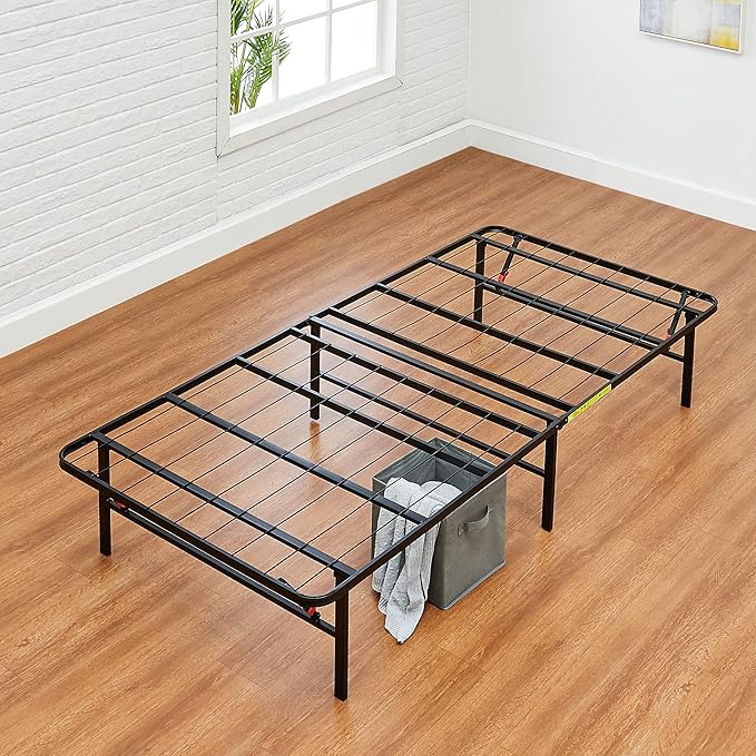 Amazon Basics Foldable Metal Platform Bed Frame with Tool-Free Setup, 14 Inches High, Storage Space, Sturdy Steel Frame, No Box Spring Needed, Twin XL, Black