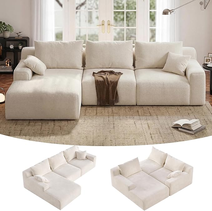 97”Modular Sectional Sofa, Cloud Sectional Couch with Deep Seat, Modern Modular L-Shape Sofa Couch, Upholstered Boneless Couches for Living Room Bedroom (White Check, Left Facing Chaise)