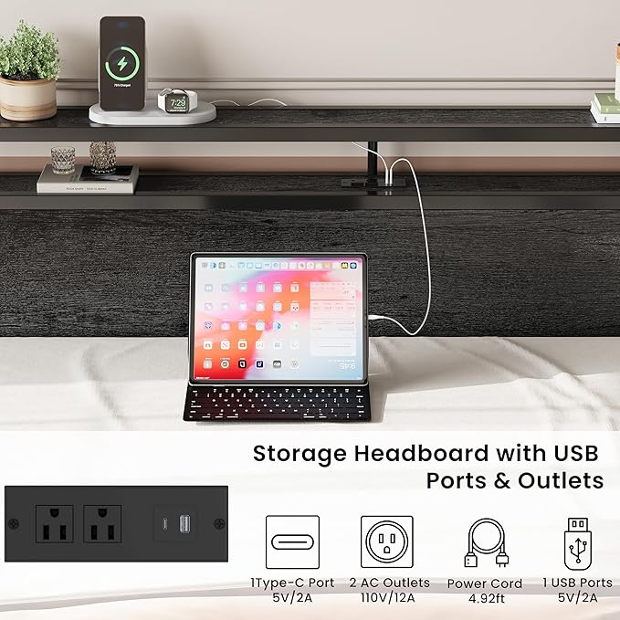 LIKIMIO King Size Bed Frame with 4 Storage Drawers, 2-Tier Storage Headboard with Charging Station, Double Bed Frame King Size for Bedroom, No Box Spring Needed, Easy Assembly, Charcoal Grey