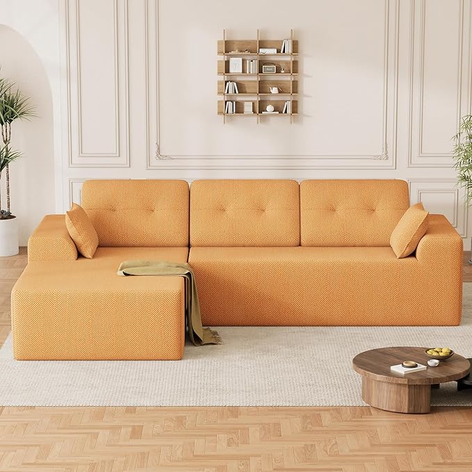 Ball & Cast 106" Cloud Sectional Couch, Compressed L-Shaped Sofa with Deep Seat Chaise, Boneless No Assembly Modular Couch, Foam & Spring Support, 2 Boxes (Left Facing, Chenille Orange)