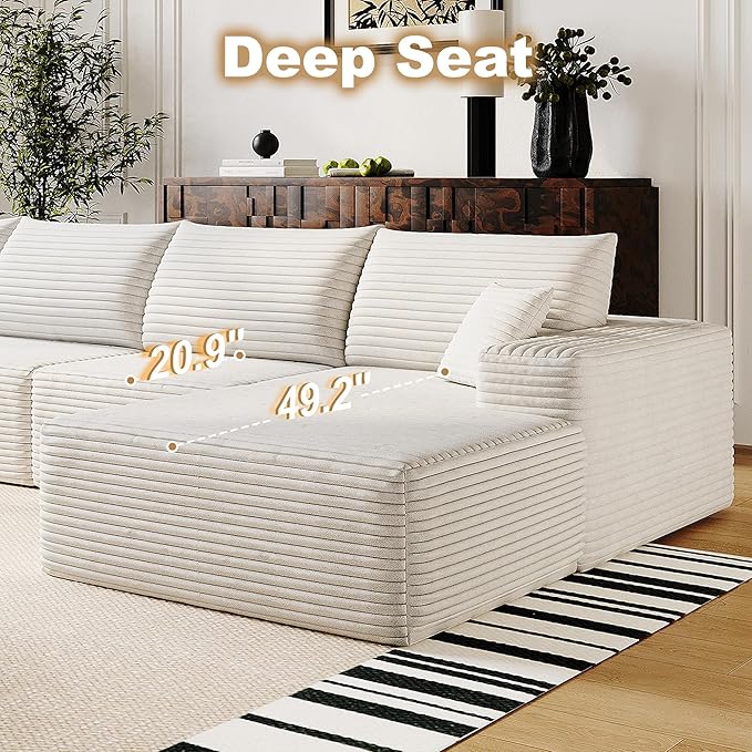 136" Sectional Couches for Living Room Cloud Couch Sofa with L-Shape Upholstered Boneless Couchs Modern Modular Sectional Couch with Chaise (White, 136" Right Facing Chaise+3Seaters+Ottoman)