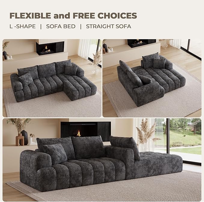 108" Cloud Sectional Couches for Living Room, Boneless L-Shaped Sofa with Pillow 3 Seater Modular Sectional Sofa (Dark Grey)