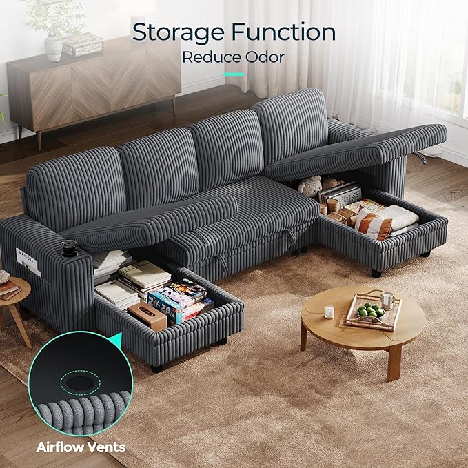LINSY HOME Sectional Sleeper Sofa Pull Out Couches for Living Room (Grey, Sleeper Sofa 3) | Pull Out Sofa Bed, Storage, USB Charging, Cup Holders, Plush Corduroy