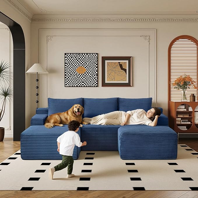 96" Sectional Couches for Living Room Cloud Couch Sofa with L-Shape Upholstered Boneless Couchs Modern Modular Sectional Couch with Chaise (Bule, 96" W+Right Facing Chaise+2Seaters+Ottoman)