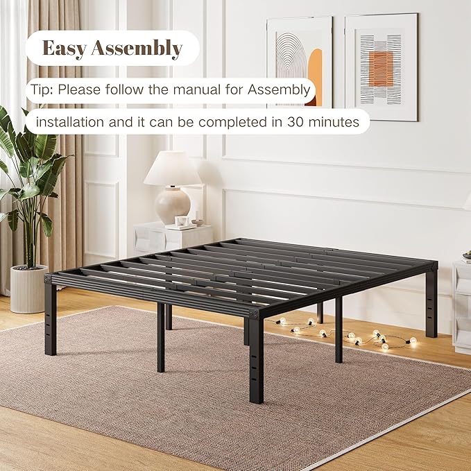 ZIYOO Queen Size Bed Frame, 16 Inches Platform Bed Frame, 3500lbs Heavy Duty Steel Slat, Non-Slip Design, No Box Spring Needed, Easy Assembly, Quiet Noise Free, Under Bed Storage Space, Black