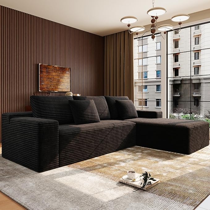 Boneless Modular Sectional Sofa, Cloud Couch with Right Facing Chaise, Oversized Deep Seat, L-Shaped, Soft Corduroy Fabric, Sectional Couch for Living Room -Black