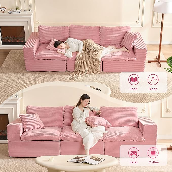 106.3” Sectional Couches for Living Room, Set of Cloud Couch, Modular Sectional Sofa, Convertible Sofas Bed, Deep Seat Sofa, Corduroy, Pink