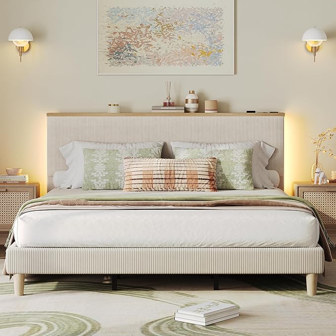 Bestier King Bed Frame with Adjustable Headboard & LED Lighting, Corduroy Upholstered Platform Bed Frame with Storage Shelf, Solid Wood Slats, No Box Spring Needed, Never Squeak, Easy Assembly, Beige
