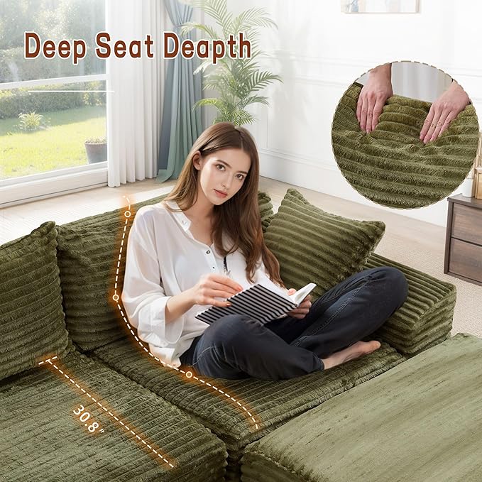 110" L-Shaped Modular Sectional Sofa with Chaise, Boneless Comfy Corduroy Fluffy Couch with Deep Seat and Side Pockets, Flexible Module Combination for Living Room, No Assembly, Side Pockets
