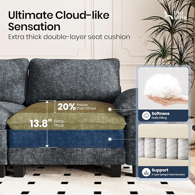 PHI VILLA Cloud Modular Couches Sets, 3 Pieces Large Sectional Sofa Set with Loveseats, 7-Seater Upholstered Couch for Living Room, Chenille Fabric, Dark Cyan