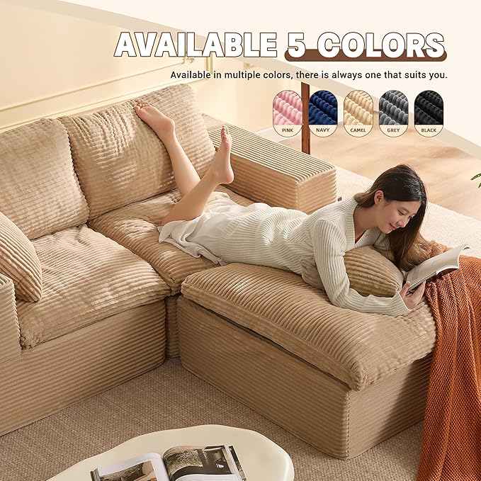 74.8” Set of Cloud Couch, Modular Loveseat Sofa, Convertible Sofas Bed, Deep Seat Sofa, Cozy Sofa for Living Room, Office and Bedroom, L Shaped Cozy Sofa Furniture Set, Corduroy, Camel