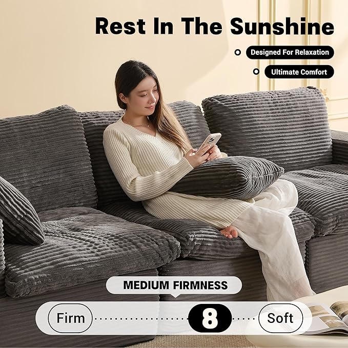 106.3” Sectional Couches for Living Room, Set of Cloud Couch, Modular Sectional Sofa, Convertible Sofas Bed, Deep Seat Sofa, Corduroy, Gray