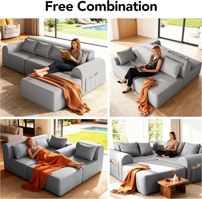2026 New 105.5”Cloud Boneless Sectional Sofa for Living Room, L-Shaped 4-Seater Modular Couch with Ottoman, 4 Pillows, Deep Seat Chenille Fabric Sofa, No Assembly, 72H Full Restore, Light Grey