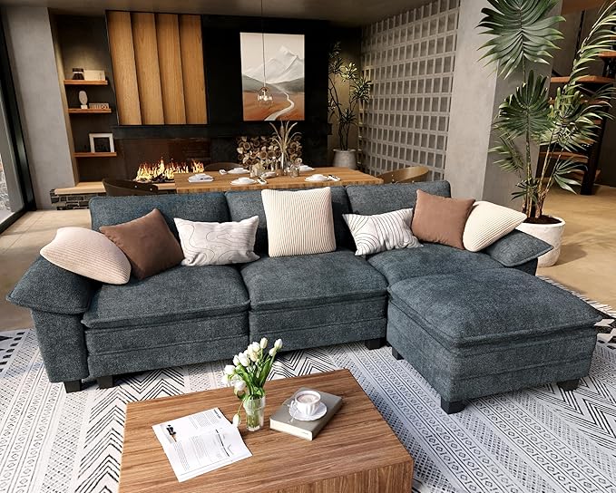 L Shaped Modular Cloud Couch, 123.6'' Comfy Chenille Sectional Sofa with Wider Armrest and Ottoman, Upholstered 4-Seat Modern Deep Seat for Bedroom Living Room, Cyan