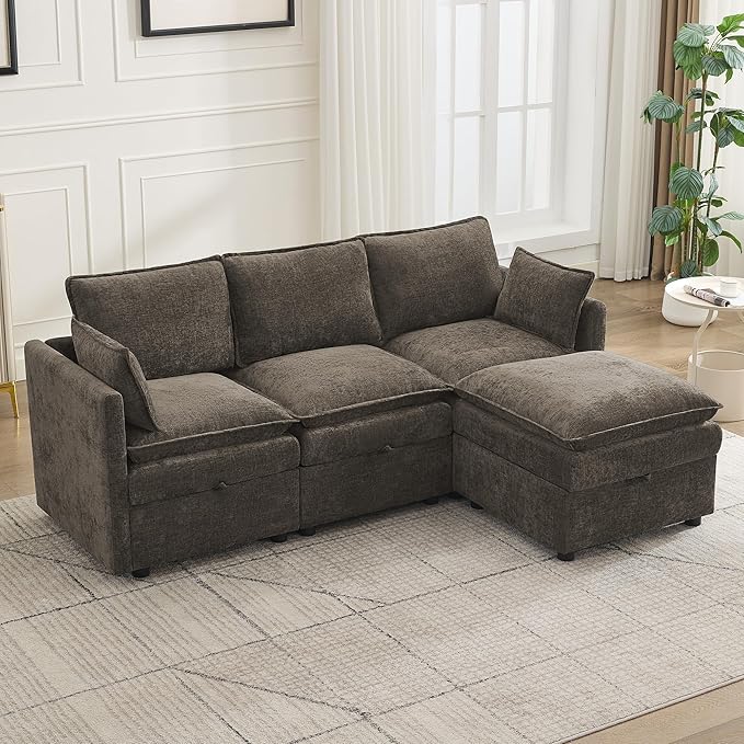 80" Cloud Modular 3 Seater Sofa with Storage Ottoman, Modern Upholstered Storage Sofa Couch Deep Seat, L Shape Sectional Sofa Chenille Comfy Couch with Armrests for Living Room, Small Space, Brown | 3 Seater Sofa, Storage Ottoman, Storage Sofa, Deep Se...