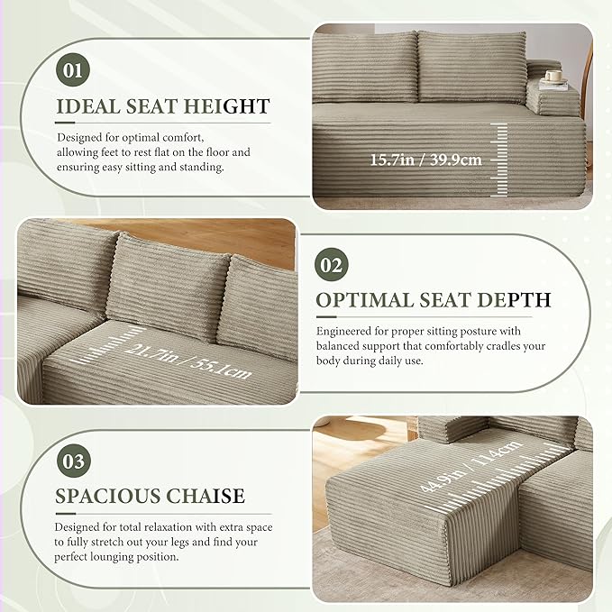 96" Sectional Couches for Living Room Cloud Couch Sofa with L-Shape Upholstered Boneless Couchs Modern Modular Sectional Couch with Chaise (Camel, 96" W+Left Facing Chaise+2Seaters)