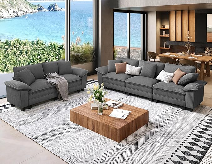 Sofa and Loveseat Set, Oversized Corduroy Modular Love seat and 3-Seat Couch with Pillows, 2 Piece Modern Cloud Sectional Deep Seat Sofa Furniture Set for Living Room, Grey