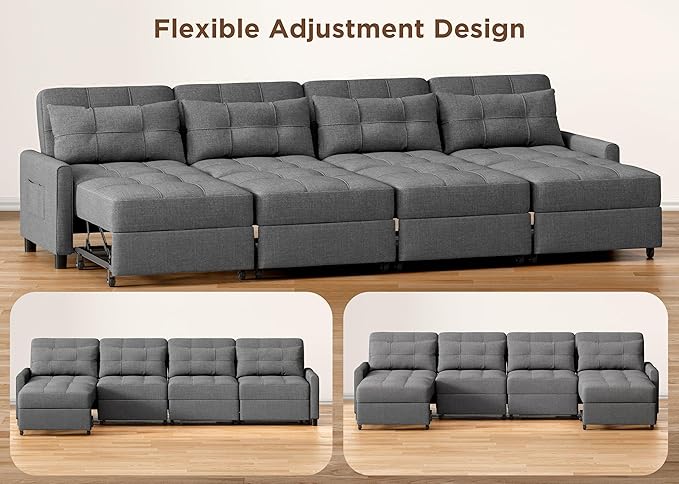 Aiho Pull Out Couch, Convertible Sofa Bed with Adjustable Backrest, 5 Seater Sectional Sleeper Sofa, Couch Bed with Spring Support, for Apartment Living Room, Dark Grey