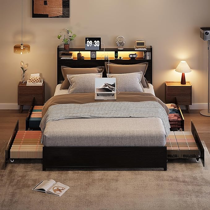 VINGLI Queen Platform Bed Frame with 4 Storage Drawers and Adjustable Headboard Shelf, Metal Bed with Charging Station and LED Lights, No Box Spring Needed, Noise Free, Easy Assembly, Black