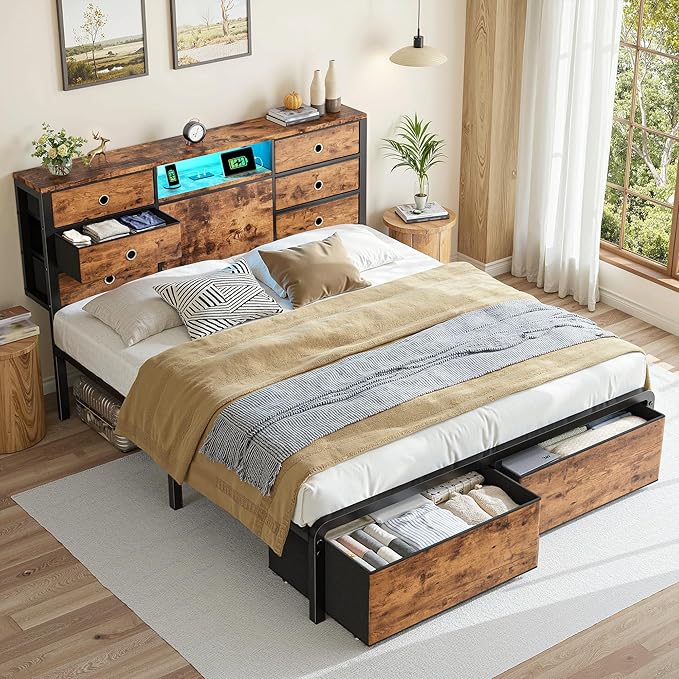 Homkdom Queen Size Bed Frame with 8 Fabric Storage Drawers, LED Lights & Charging Station, Metal Platform Bed Frame with Headboard Storage,No-Noise,Easy Assembly,Modern Brown