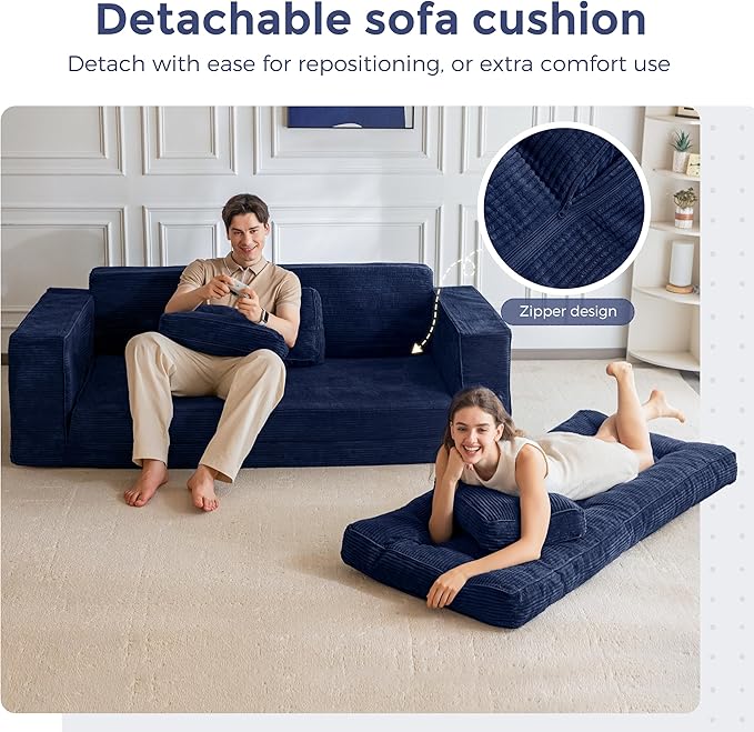 MAXYOYO Convertible Sofa Bed, Pull Out Oversized Loveseat Sleeper Sofa, 2 in 1 Folding Couch Bed, Fold Out Floor Couch with Pillows for Living Room Bedroom Lounge, Navy