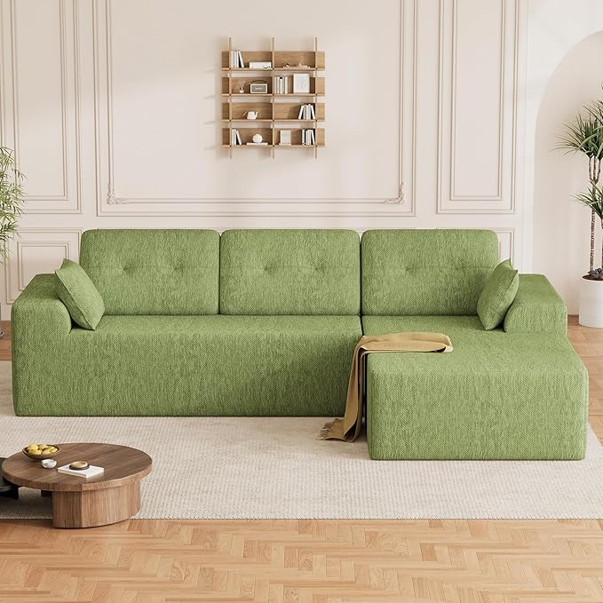 Ball & Cast 106" Cloud Sectional Couch, Compressed L-Shaped Sofa with Deep Seat Chaise, Boneless No Assembly Modular Couch, Foam & Spring Support, 2 Boxes (Right Facing, Chenille Green)