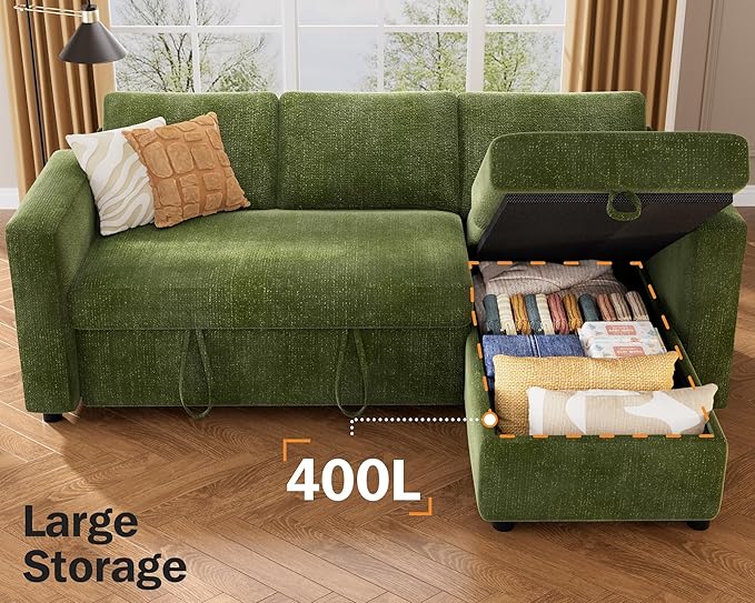 Vipbear 82" Sectional Sleeper Sofa with Pull Out Bed, L Shaped Couch Sleeper Sofa Bed, Pull Out Couch with Reclining Backrest, Reversible Storage Chaise, USB Ports, Tool-Free Assembly, Chenille Green