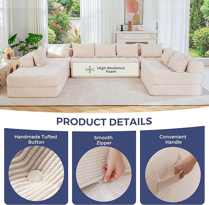 MAXYOYO Modular Sectional Sofa Couch, Foldable Oversized U Shaped Cloud Couch with Pillows, Tufted Boneless Sleeper Lounger Floor Sofa Bed for Living Room, No Assembly Required, Beige