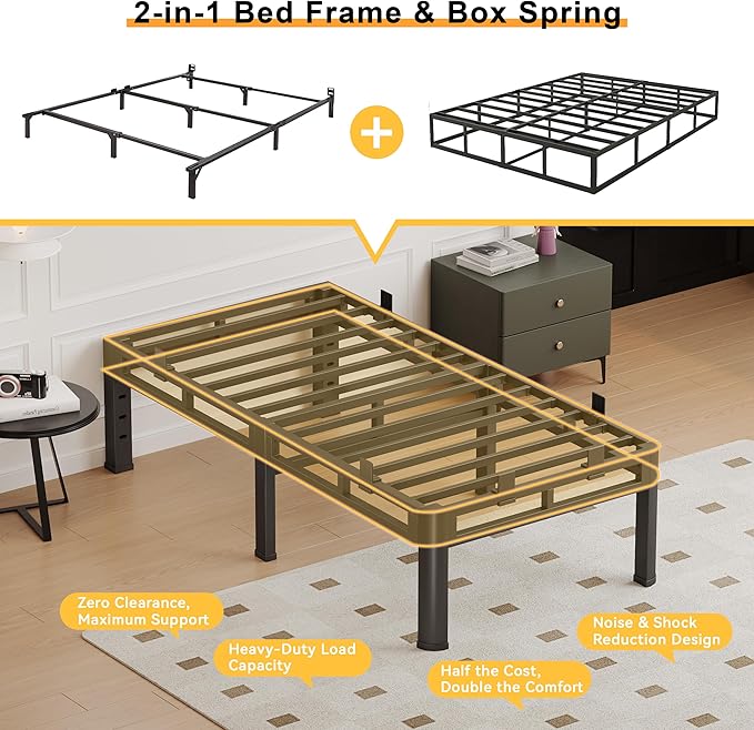 16 Inch Twin Bed Frames Heavy Duty, Metal Double Layer Steel 4000 lbs Capacity, Platform with Large Under Bed Storage Space, No Box Spring Needed, Noise-Free, Easy Assembly